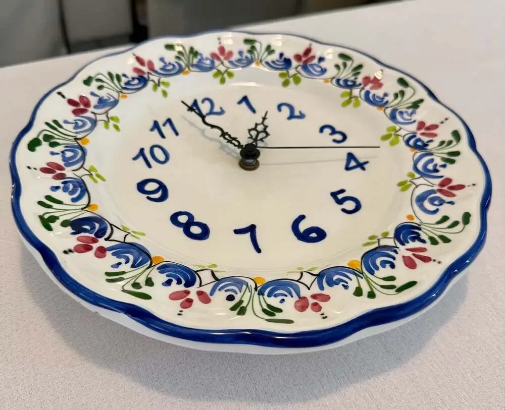 Hand-Painted Ceramic Floral Wall Clock, 10.5-inch Scalloped Edge